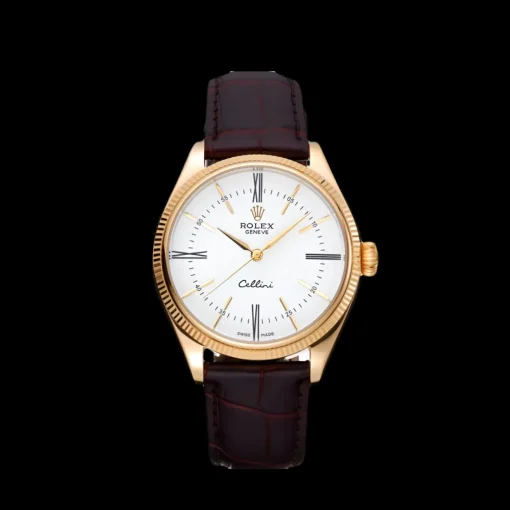 Rolex Cellini White Dial Gold Case Brown Leather Strap 622833