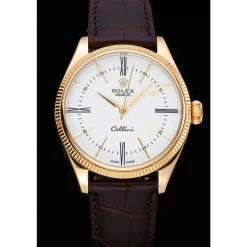 Rolex Cellini White Dial Gold Case Brown Leather Strap 622833