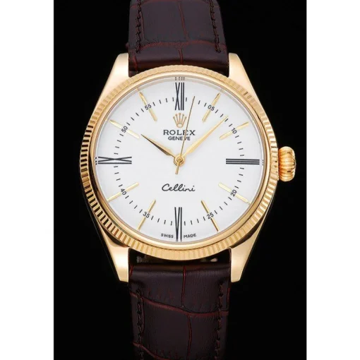 Rolex Cellini White Dial Gold Case Brown Leather Strap 622833