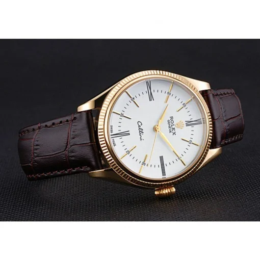 Rolex Cellini White Dial Gold Case Brown Leather Strap 622833