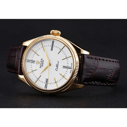 Rolex Cellini White Dial Gold Case Brown Leather Strap 622833