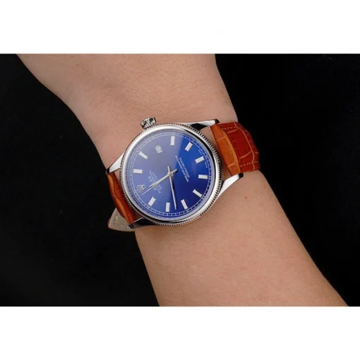 Rolex Datejust Blue Dial Stainless Steel Case Light Brown Leather Strap