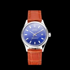 Rolex Datejust Blue Dial Stainless Steel Case Light Brown Leather Strap