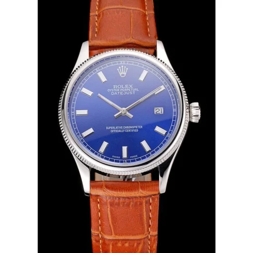 Rolex Datejust Blue Dial Stainless Steel Case Light Brown Leather Strap