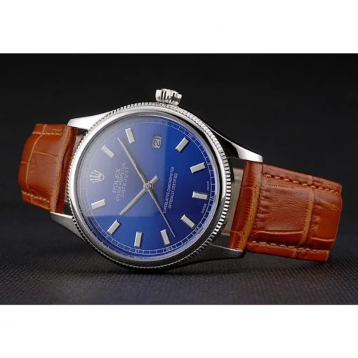 Rolex Datejust Blue Dial Stainless Steel Case Light Brown Leather Strap