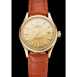 Rolex Datejust Gold Dial Gold Case Light Brown Leather Strap