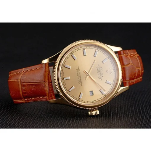Rolex Datejust Gold Dial Gold Case Light Brown Leather Strap
