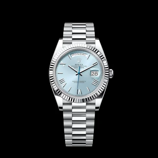 Rolex Day-Date: 40 mm, Platinum with an ice-blue dial, Fluted bezel and a President bracelet, m228236-0012