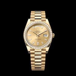 Rolex Day-Date: 36 mm, Yellow gold, with a champagne colour, Diamond-set dial, Diamond-set bezel and a President bracelet, m228348rbr-0002
