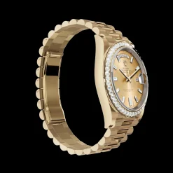 Rolex Day-Date: 36 mm, Yellow gold, with a champagne colour, Diamond-set dial, Diamond-set bezel and a President bracelet, m228348rbr-0002