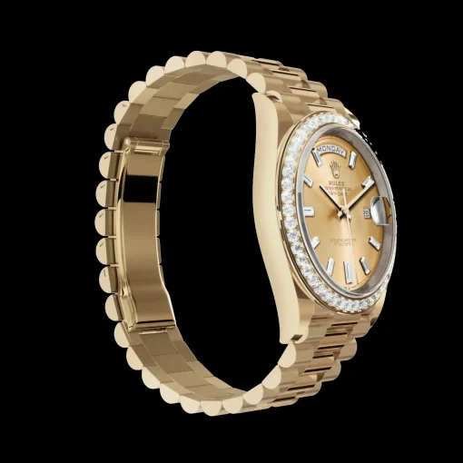 Rolex Day-Date: 36 mm, Yellow gold, with a champagne colour, Diamond-set dial, Diamond-set bezel and a President bracelet, m228348rbr-0002