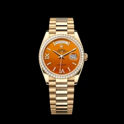 Rolex Day-Date: 36 mm, Yellow gold, with a carnelian, Diamond-set dial, Diamond-set bezel and a President bracelet, m128348rbr-0049