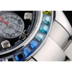 Rolex Daytona Cosmograph Rainbow Crystals Bezel Stainless Steep Strap Black Dial 80250