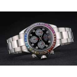 Rolex Daytona Cosmograph Rainbow Crystals Bezel Stainless Steep Strap Black Dial 80250