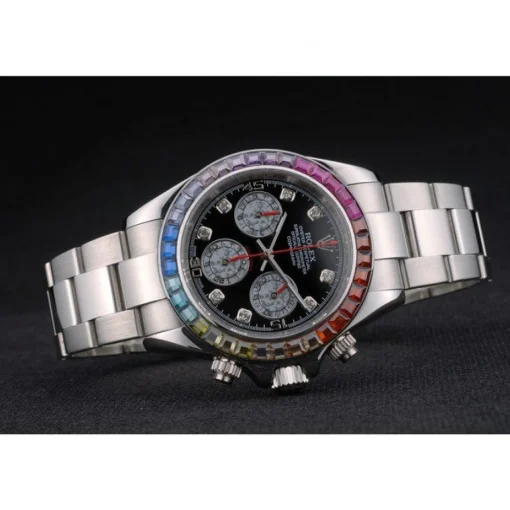 Rolex Daytona Cosmograph Rainbow Crystals Bezel Stainless Steep Strap Black Dial 80250