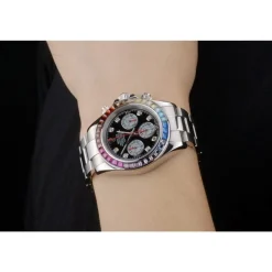 Rolex Daytona Cosmograph Rainbow Crystals Bezel Stainless Steep Strap Black Dial 80250