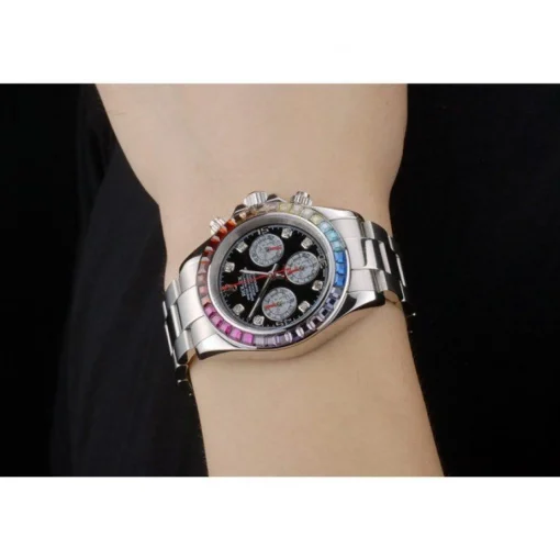 Rolex Daytona Cosmograph Rainbow Crystals Bezel Stainless Steep Strap Black Dial 80250