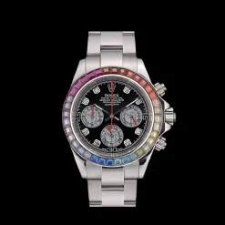 Rolex Daytona Cosmograph Rainbow Crystals Bezel Stainless Steep Strap Black Dial 80250