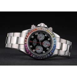 Rolex Daytona Cosmograph Rainbow Crystals Bezel Stainless Steep Strap Black Dial 80250