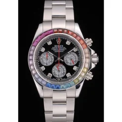 Rolex Daytona Cosmograph Rainbow Crystals Bezel Stainless Steep Strap Black Dial 80250