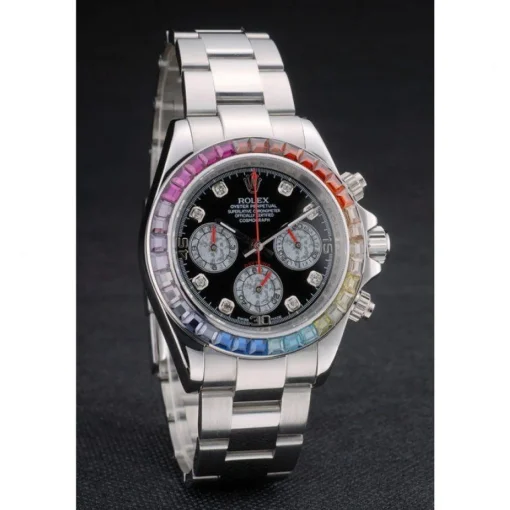 Rolex Daytona Cosmograph Rainbow Crystals Bezel Stainless Steep Strap Black Dial 80250