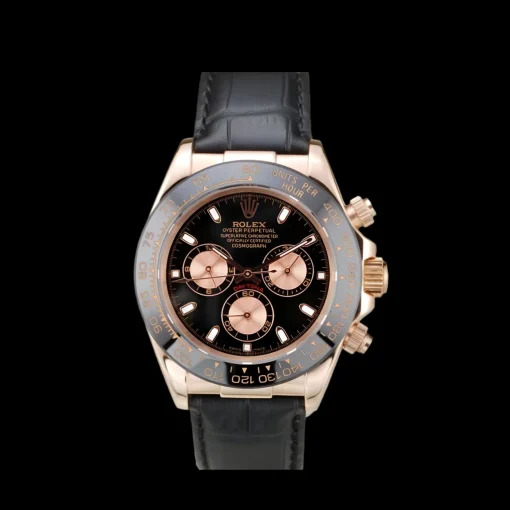 Rolex Daytona Rose Gold Case Black Dial Black Leather Strap