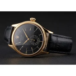 Swiss Rolex Cellini Black Dial Gold Case Black Leather Strap