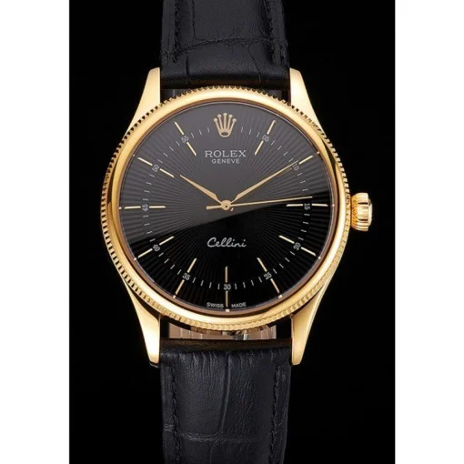 Swiss Rolex Cellini Black Dial Gold Markings Gold Case Black Leather Strap