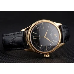 Swiss Rolex Cellini Black Dial Gold Markings Gold Case Black Leather Strap
