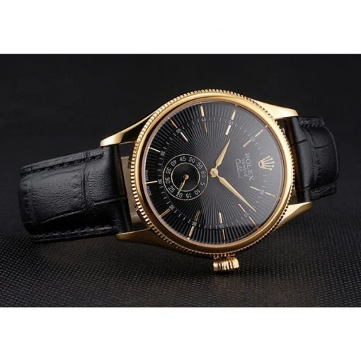 Swiss Rolex Cellini Black Dial Gold Case Black Leather Strap