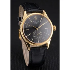 Swiss Rolex Cellini Black Dial Gold Case Black Leather Strap