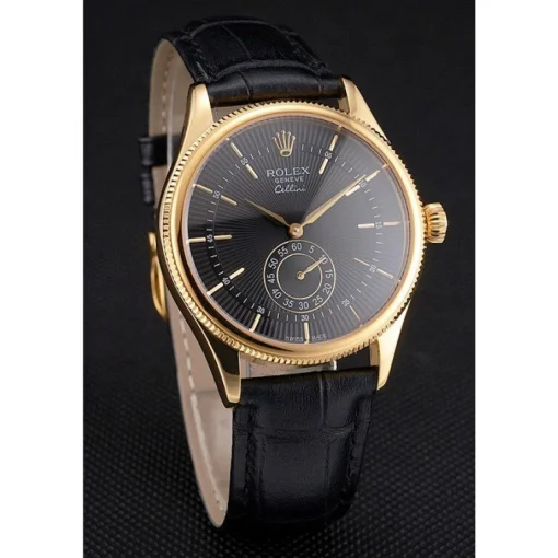 Swiss Rolex Cellini Black Dial Gold Case Black Leather Strap