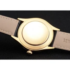 Swiss Rolex Cellini Black Dial Gold Markings Gold Case Black Leather Strap