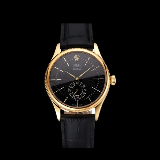 Swiss Rolex Cellini Black Dial Gold Case Black Leather Strap
