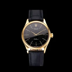 Swiss Rolex Cellini Black Dial Gold Markings Gold Case Black Leather Strap