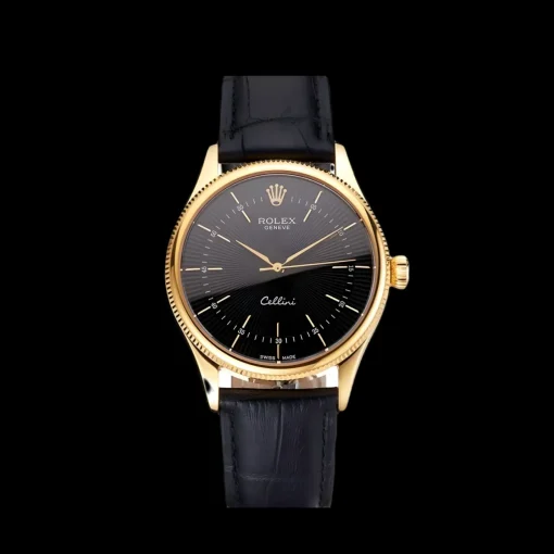 Swiss Rolex Cellini Black Dial Gold Markings Gold Case Black Leather Strap