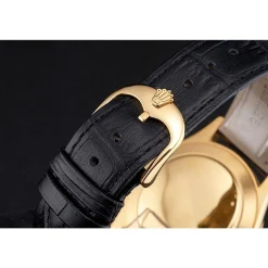 Swiss Rolex Cellini Black Dial Gold Case Black Leather Strap