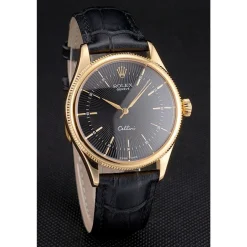 Swiss Rolex Cellini Black Dial Gold Markings Gold Case Black Leather Strap