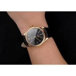 Swiss Rolex Cellini Black Dial Gold Markings Gold Case Black Leather Strap