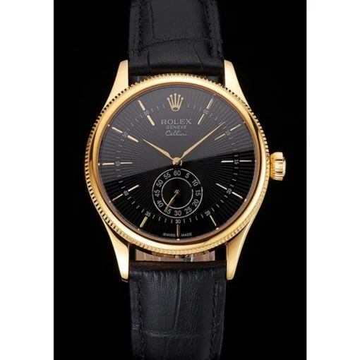 Swiss Rolex Cellini Black Dial Gold Case Black Leather Strap