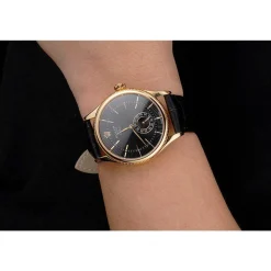 Swiss Rolex Cellini Black Dial Gold Case Black Leather Strap
