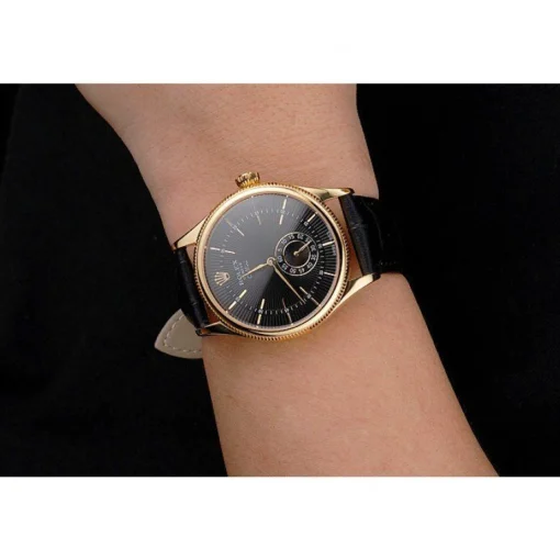 Swiss Rolex Cellini Black Dial Gold Case Black Leather Strap