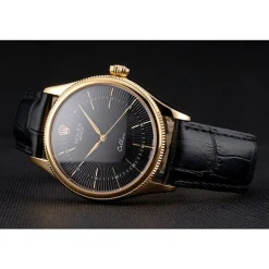 Swiss Rolex Cellini Black Dial Gold Markings Gold Case Black Leather Strap