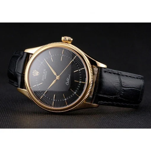 Swiss Rolex Cellini Black Dial Gold Markings Gold Case Black Leather Strap