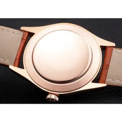 Swiss Rolex Cellini White Dial Roman Numerals Rose Gold Case Light Brown Leather Strap