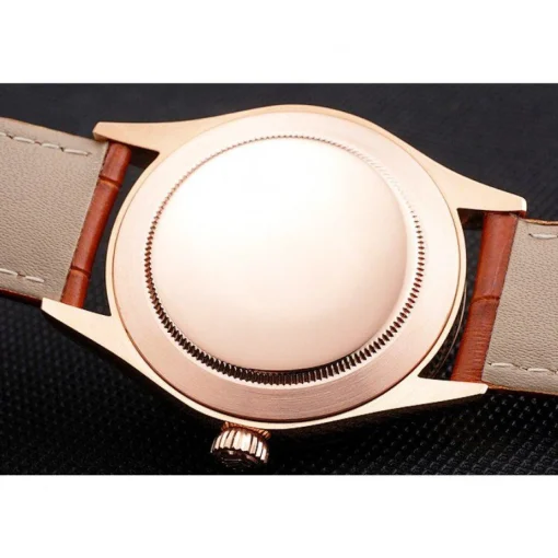 Swiss Rolex Cellini White Dial Roman Numerals Rose Gold Case Light Brown Leather Strap