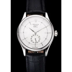 Swiss Rolex Cellini White Dial Stainless Steel Case Black Leather Strap