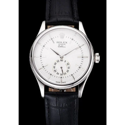 Swiss Rolex Cellini White Dial Stainless Steel Case Black Leather Strap