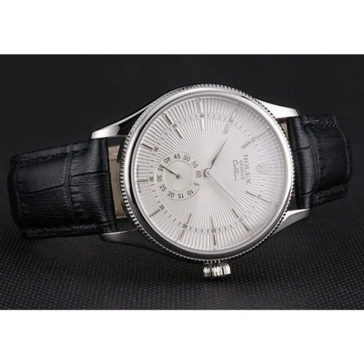 Swiss Rolex Cellini White Dial Stainless Steel Case Black Leather Strap