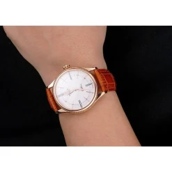 Swiss Rolex Cellini White Dial Roman Numerals Rose Gold Case Light Brown Leather Strap